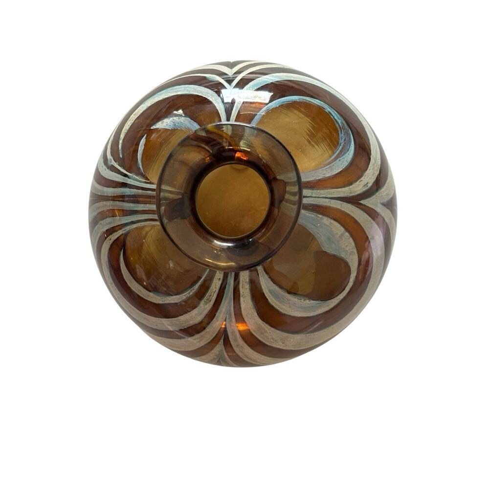Handblown Round Glass Bud Vase Murano Style Swirl Bowl Artist Signed SLY 73 4” - Picture 4 of 7